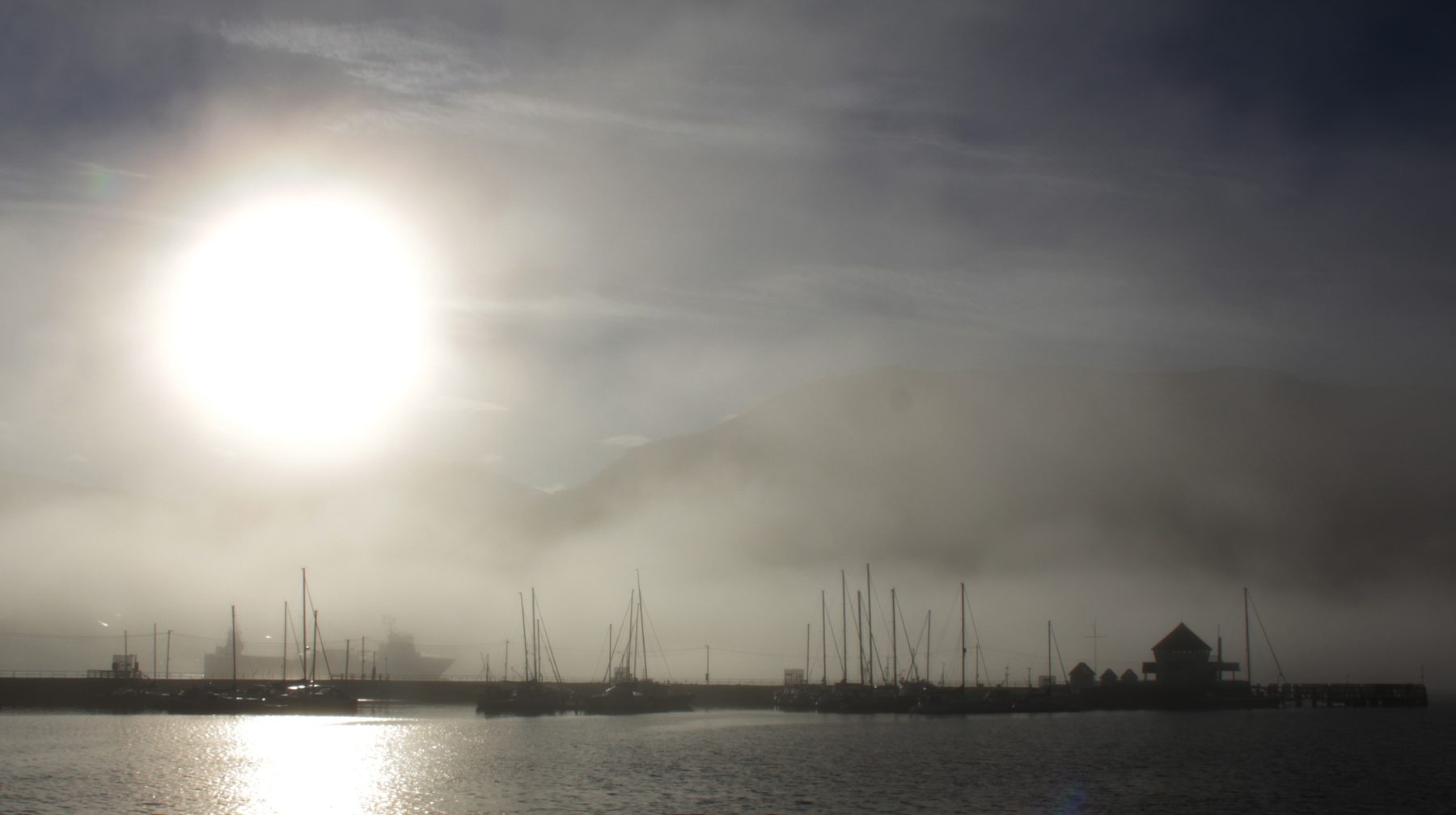 Foggy sun in the marina